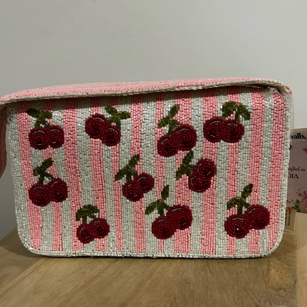 Pink and White Beaded Cherry Clutch